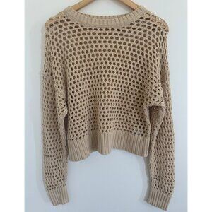 Old Navy Womens S Open-Knit 100% Cotton Airy Beige Sweater Crochet Look Beachy